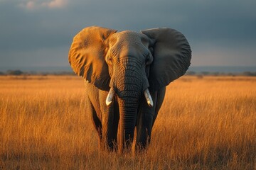 Obraz premium Majestic elephant standing in the golden grasslands at sunset in a serene savanna landscape