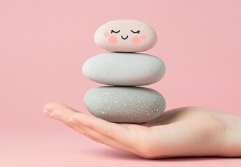 Balancing Smiling Stones on Hand for Zen Meditation and Wellness