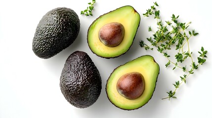 Top view of hass avocado and thyme on white