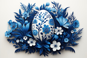 A blue and white flower arrangement with a white egg in the center