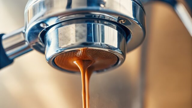 Close-up of espresso being brewed in a coffee machine.