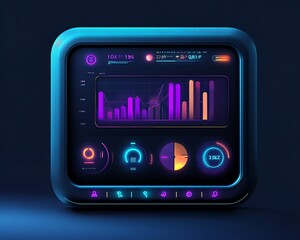 Futuristic marketing data analytics icon with real-time stats and glowing dashboard elements
