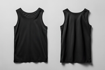 A black sleeveless t-shirt tank top is displayed from the front and back and a flat lay concept is used as a mockup design template