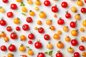 Colorful cherry tomatoes arranged in a pattern on a white surface