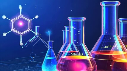 Glowing lab beakers and molecular structures showcasing dynamic chemical reactions - Powered by Adobe