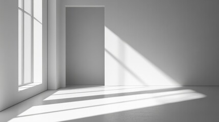 A blank white wall with a subtle shadow, soft natural light casting a warm glow across a minimalist space