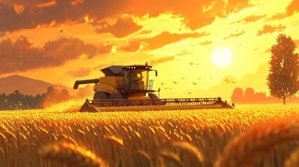 Fototapeta premium Golden Harvest Sunset, Harvester in Wheat Field, Dramatic Sky