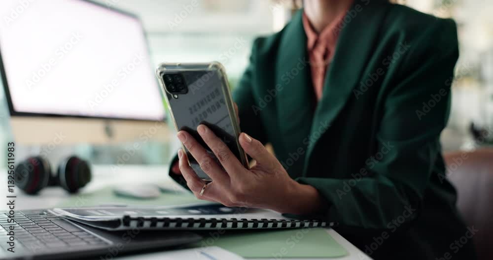 Poster office, hands and businesswoman with phone for email, online communication and connection. closeup, 
