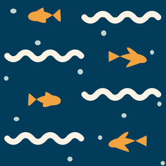 Seamless vector pattern with fish and waves. Cute hand drawn illustration.