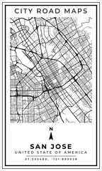 Black and white printable road map of San Jose city United State of America banner poster design with coordinate position location, vector illustration