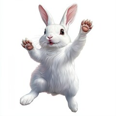 Obraz premium An elegant white rabbit jumping playfully with poised elegance in a whimsical and delightful pose against the air