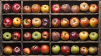 Different colorful apples neatly arranged in a wooden storage tray