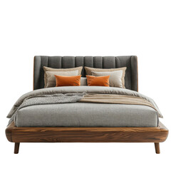 modern wooden bed with padded headboard and cozy bedding, featuring neutral tones and orange accent pillows, creates warm and inviting atmosphere