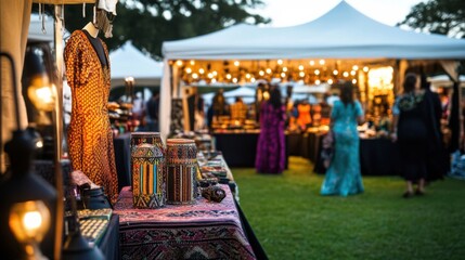 Colorful market stalls with handmade crafts and vibrant textiles at sunset