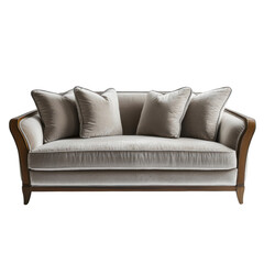 Fototapeta premium Elegant beige sofa with plush cushions and wooden armrests, perfect for cozy living room setting. soft fabric and classic design add touch of sophistication to any space
