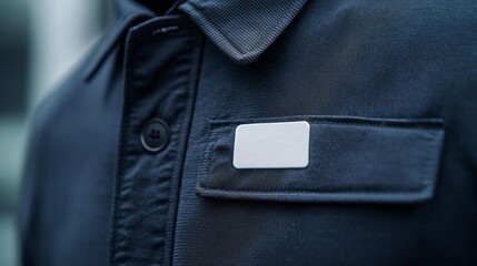 Close-up of a blank white name tag on a dark blue uniform shirt pocket.