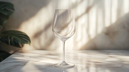 A plain transparent wine glass, empty, on a soft marble surface with minimalistic soft lighting from one direction