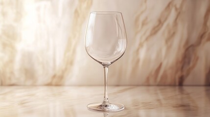 A plain transparent wine glass, empty, on a soft marble surface with minimalistic soft lighting from one direction