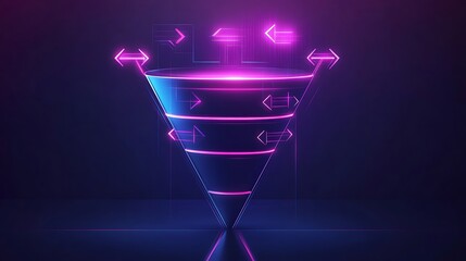Highly detailed digital sales funnel icon with multistage conversion steps and glowing arrows