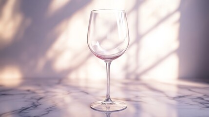 Obraz premium A plain transparent wine glass, empty, on a soft marble surface with minimalistic soft lighting from one direction