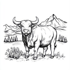 Black And White Drawing Of A Bull In A Mountainous Landscape