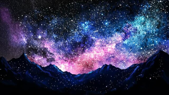 Starry night sky over mountain silhouettes creates a breathtaking view of the galaxy in vibrant colors
