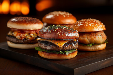 three delicious burgers on a wooden table with flames behind them,
