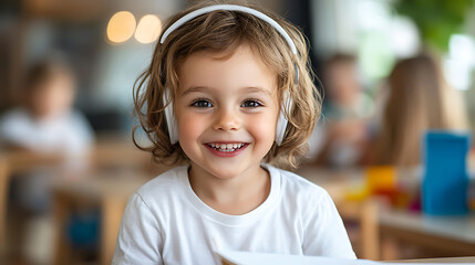 Young child wearing headphones engaged in learning activities at a bright classroom indoor environment close-up viewpoint concept of education