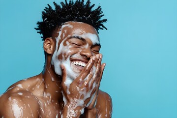 A man is washing his face with soap and water