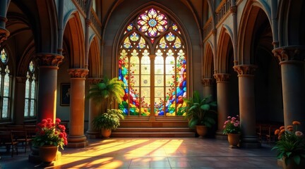 Obraz premium Sunlit Sanctuary A Hallway with Vibrant Stained Glass Window and Lush Potted Plants