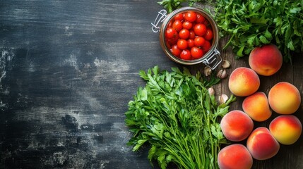 Jarred tomatoes, parsley, peaches on wood. Perfect for healthy food blogs, recipes, or cooking websites.