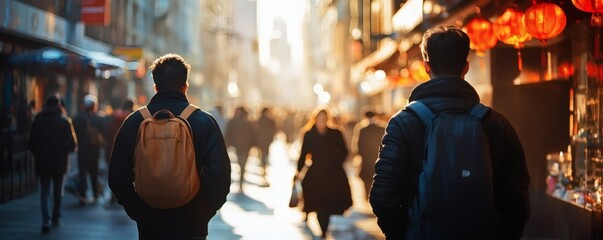Two people walking through a busy urban street with bright sunlight