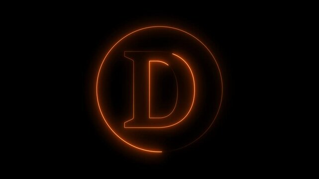 Animation of neon capital letter D on black background. Brown color letter animation