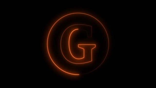 Animation of neon capital letter G on black background. Brown color letter animation