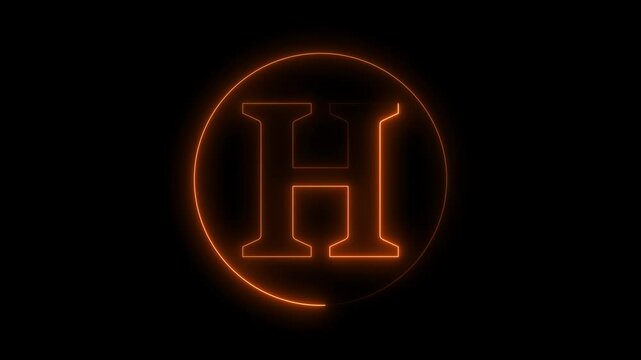 Animation of neon capital letter H on black background. Brown color letter animation