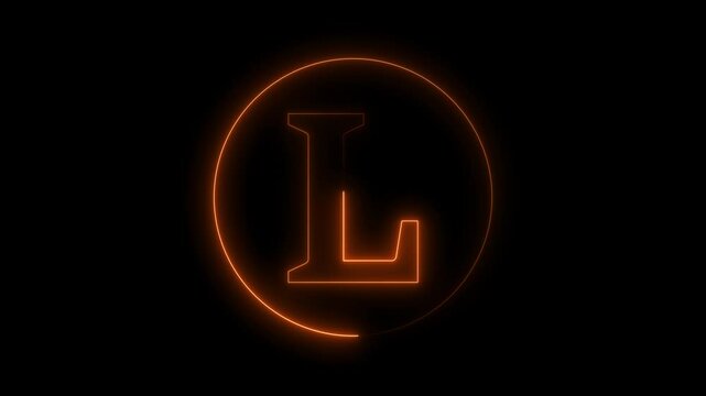 Animation of neon capital letter L on black background. Brown color letter animation