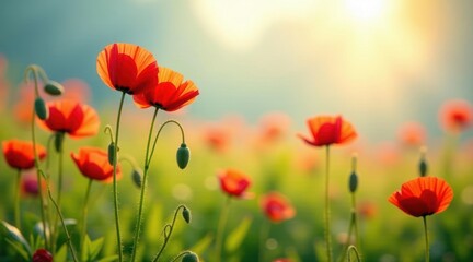 Fototapeta premium Vibrant Red Poppies Blooming in a Sunny Meadow, a Serene and Peaceful Summer Scene Featuring Delicate Petals and Lush Green Foliage