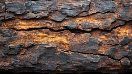 Close Up of Weathered Tree Bark with Cracks Revealing Golden Inner Layers and Rich Texture Details