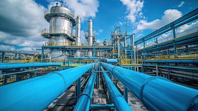 An industrial complex displaying metal structures and blue pipelines