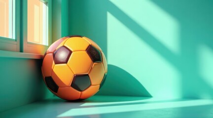 A vibrant orange and brown soccer ball rests peacefully in a sunlit corner, casting a shadow on a tranquil teal surface.