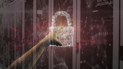 Interacting with digital lock, hand accessing network connections over server racks