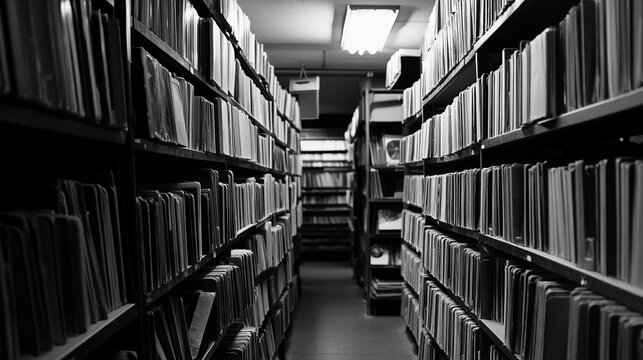 Black and white archive library bookshelves rows vintage old text dark retro paper order light design - Powered by Adobe