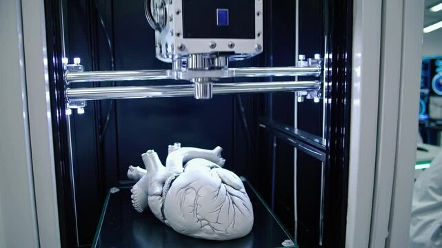 Innovative Female Scientist Conducting Medical Research with Advanced 3D Printer in High-Tech Laboratory Featuring Human Heart Model and Digital Analysis