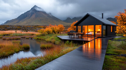 Obraz premium Geothermal-powered ecolodge experience remote mountain location nature retreat serene environment scenic viewpoint sustainable living concept