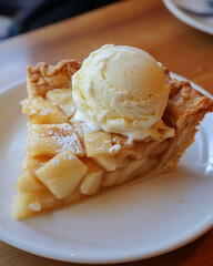 Delicious homemade apple pie slice with creamy vanilla ice cream food sweet baked tasty treat yummy