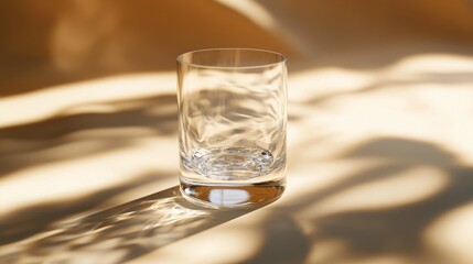 A single unfilled crystal glass, placed on a smooth, light-colored surface with delicate light highlighting its clarity