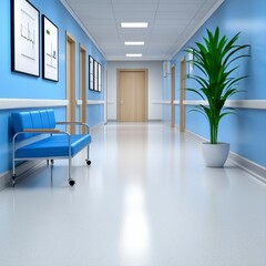 Fototapeta premium Clean Modern Hospital Corridor with Blue Walls and Potted Plant