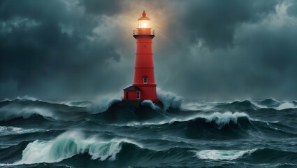 Obraz premium Red Lighthouse Standing Strong Amidst a Stormy Sea