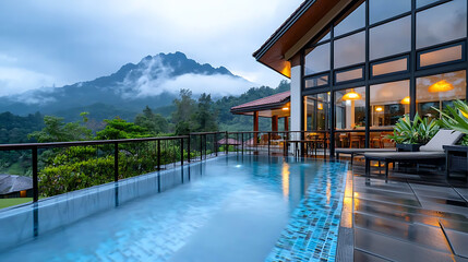 Fototapeta premium Geothermal energy powered resort mountain view luxury accommodation tranquil environment scenic perspective sustainable concept