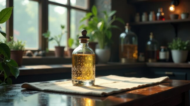 Golden Elixir in an Ornate Bottle on a Rustic Table Illuminated by Sunlight